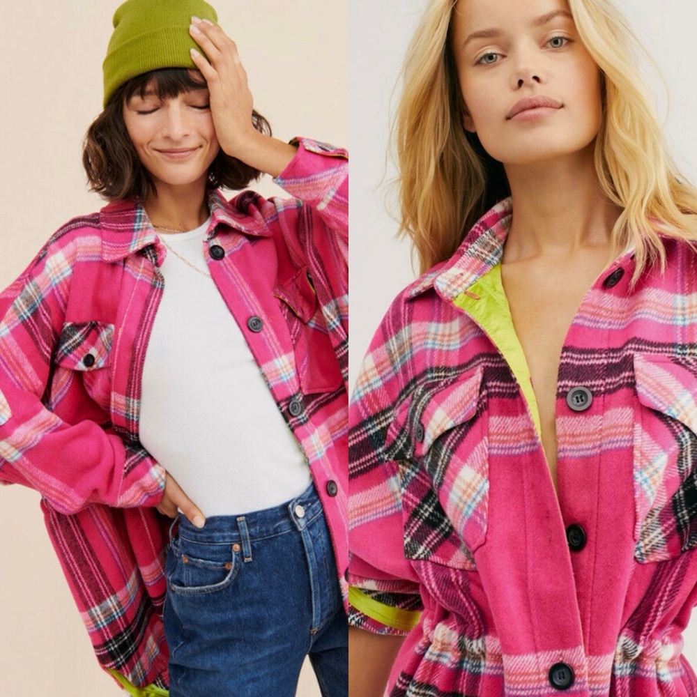 FREE PEOPLE Pink & Lime DOWN FOR YOU Plaid Shacket JACKET Size XS - Picture 8 of 16